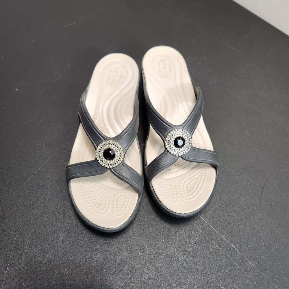 Crocs Sanrah Embellished Wedge Sandals Black Oatmeal Rhinestone 203062 Womens 7
